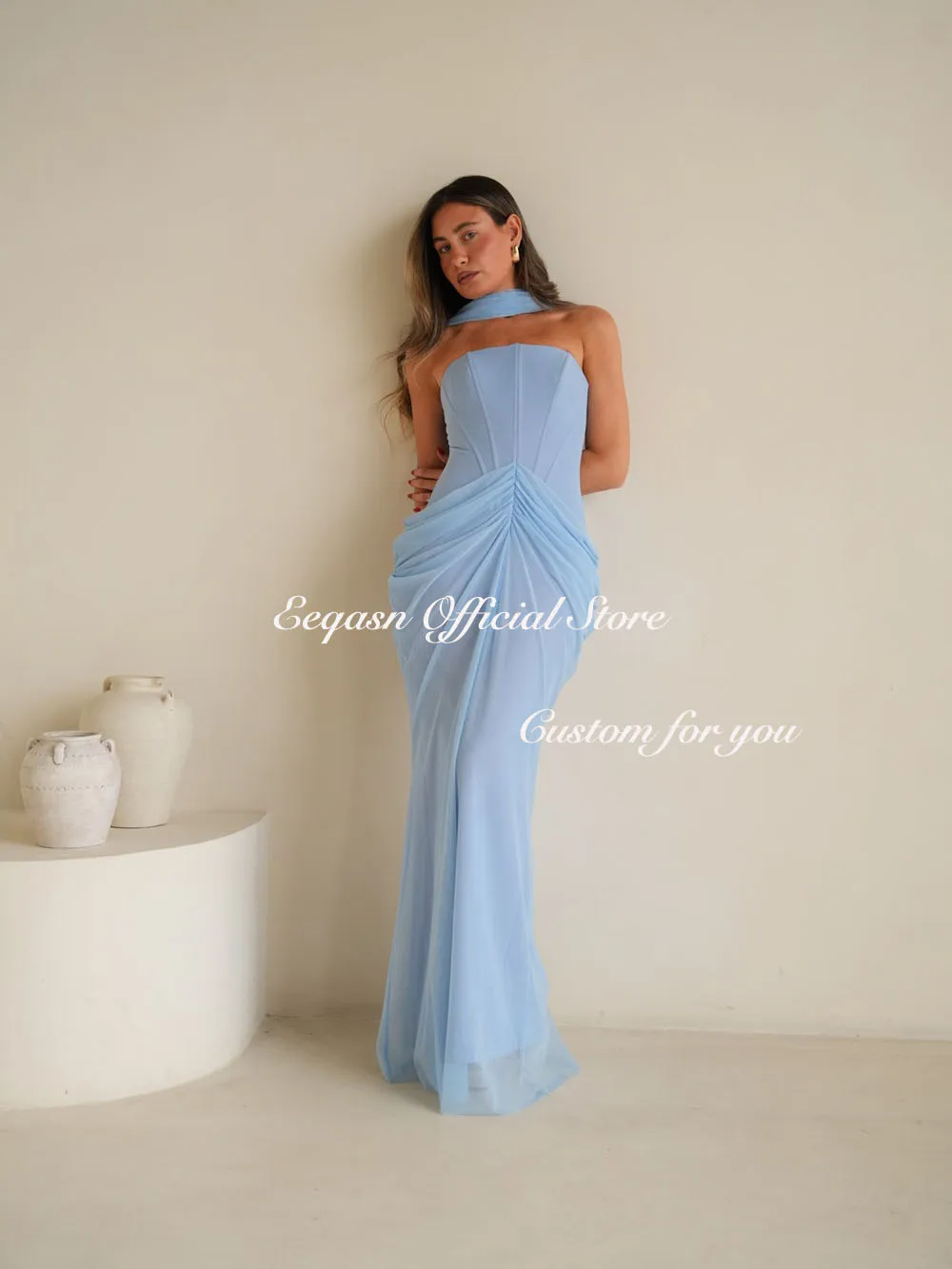 Eeqasn Customized Light Blue Sizes Available Exquisite Pleat Chiffon Mermaid Strapless Floor-Length Birthday Party Evening Dress