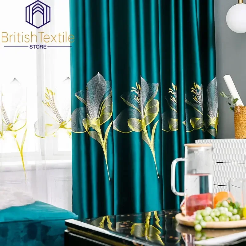 European Embroider Luxury Curtains for Living Room Blackout Bedroom Dining Lily Custom Tulle Sheer Window Drape Green Cortinas