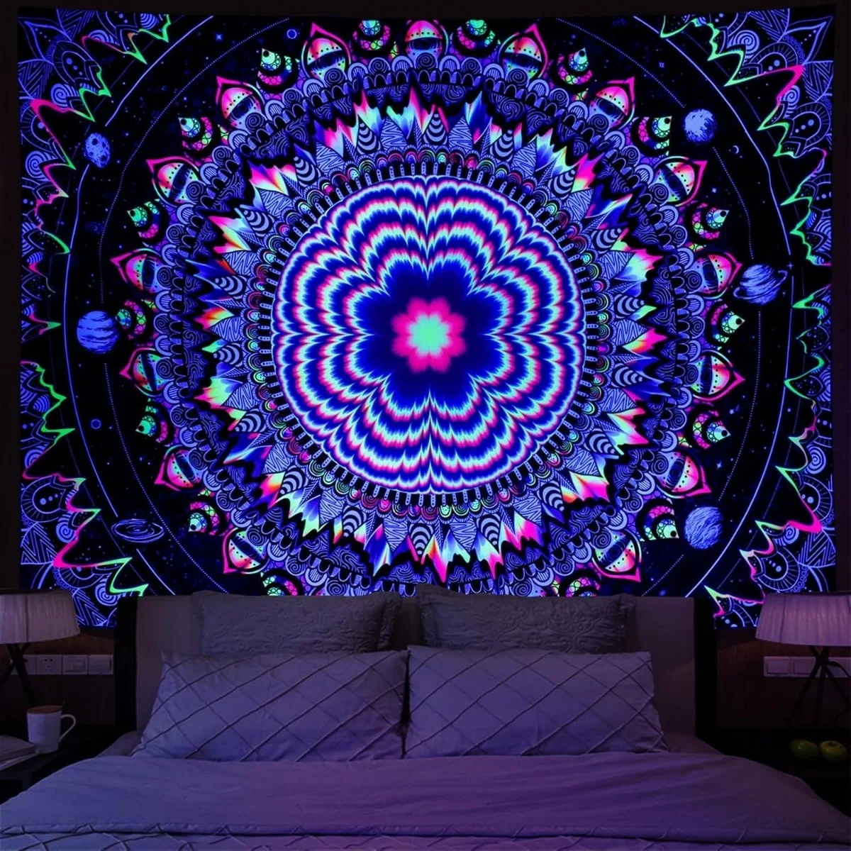VIKAMA Fluoreszierender Mandala-Wandteppich, böhmischer psychedelischer Wandbehang, Wandteppich für Schlafzimmer, Wohnzimmer und Wohnheim-Dekoration