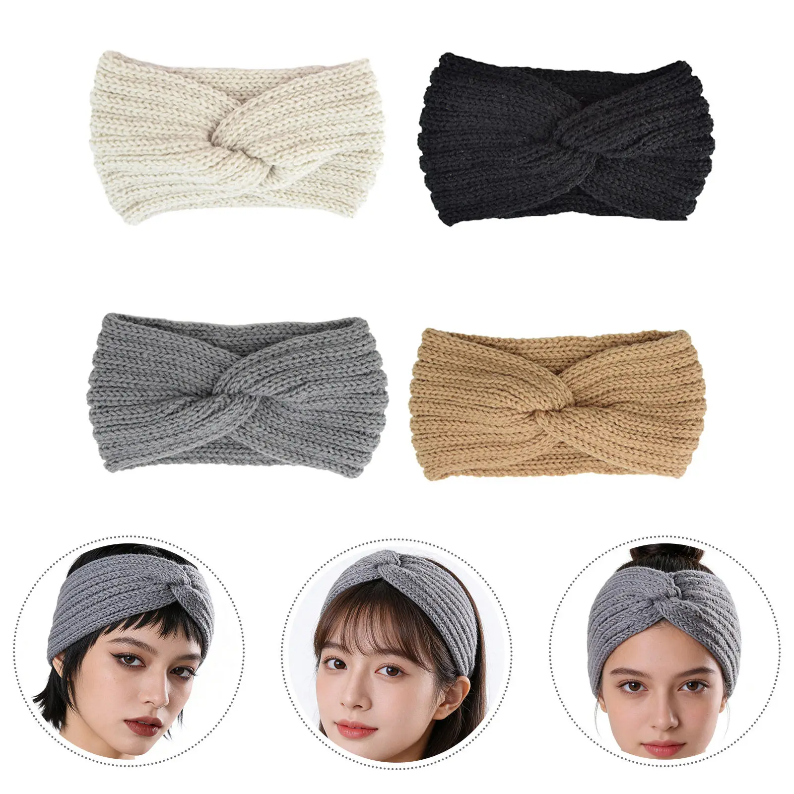 

4 шт. вязаных широких повязок на голову с защитой для ушей, теплые дышащие шерстяные повязки из пряжи для женщин, для занятий спортом на открытом воздухе