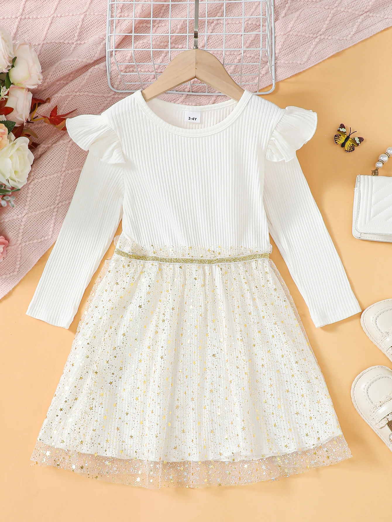 Princess Dress for Kids Girls 2-5Years Apricot Color Long Sleeved Star Print Gauze Dress Spring and Autumn Daily Party Clothing