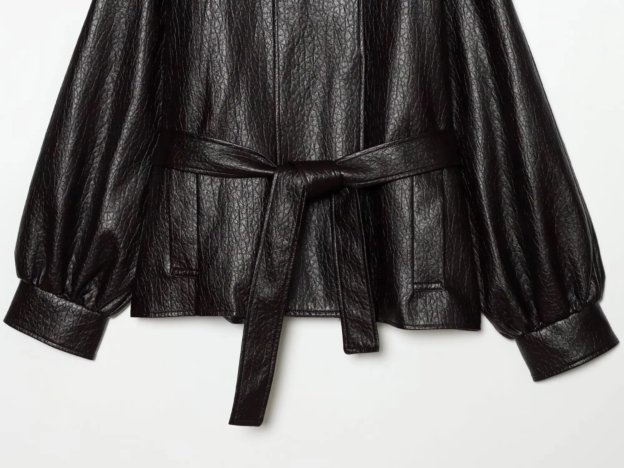 BSAY Vintage Einfarbige Kunstlederjacke für Damen, Neuer Stehkragen mit Halsriemen, Schnallen-Gürtel an der Taille, Laternenärmel, Lässiger Außenmantel – Detail 6