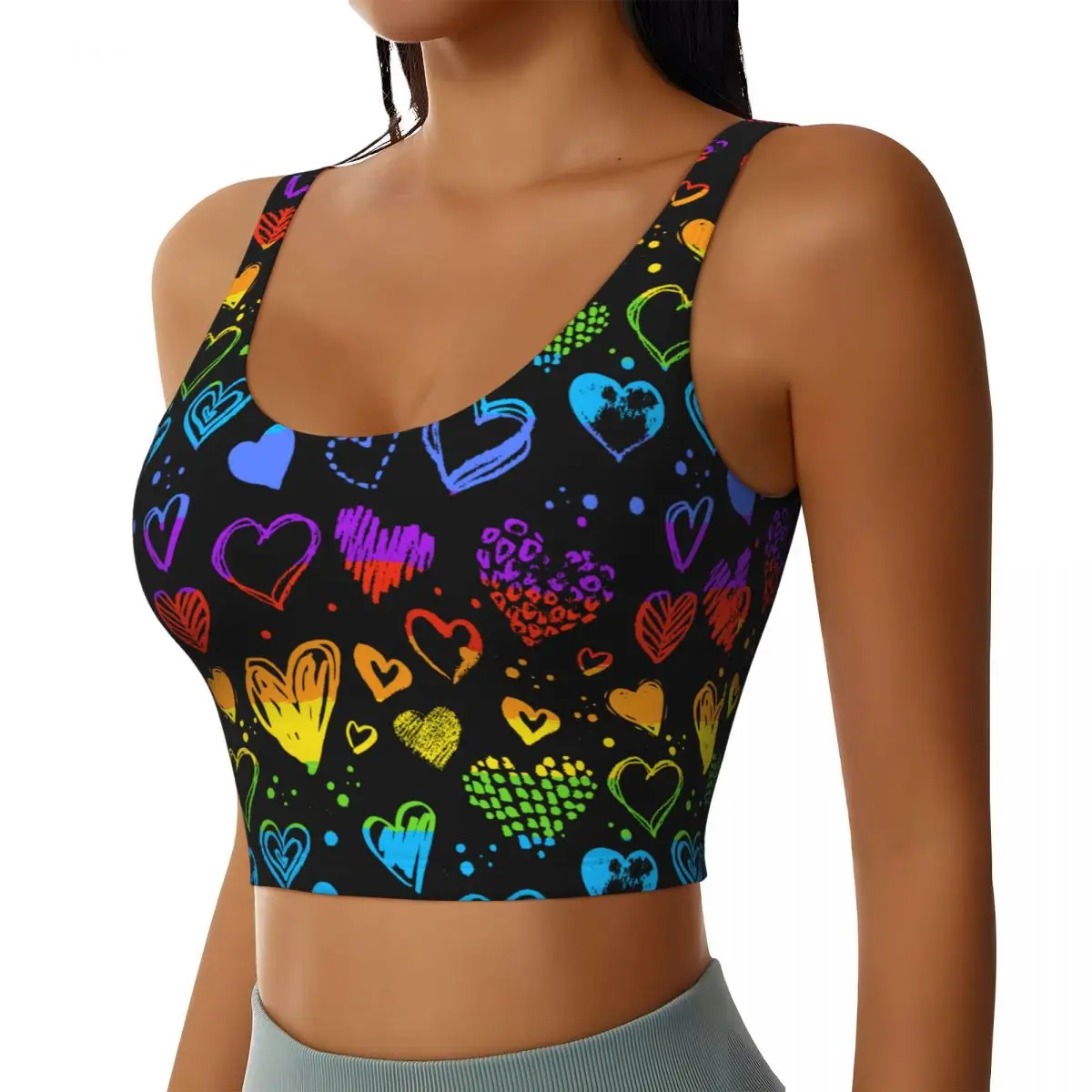 LGBT Rainbow Hearts Sports Crop Tank Tops for Women Cropped Workout Tops U Back Running Yoga Tanks Gym Soft Touch