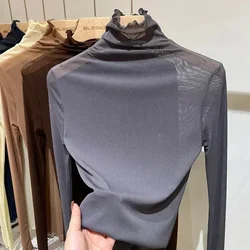 Ice Silk Mesh Bottom Blouse for Women Summer Wear Sunscreen Long-sleeved T-shirt Foreign Aura Edge Sexy Tulle Perspective