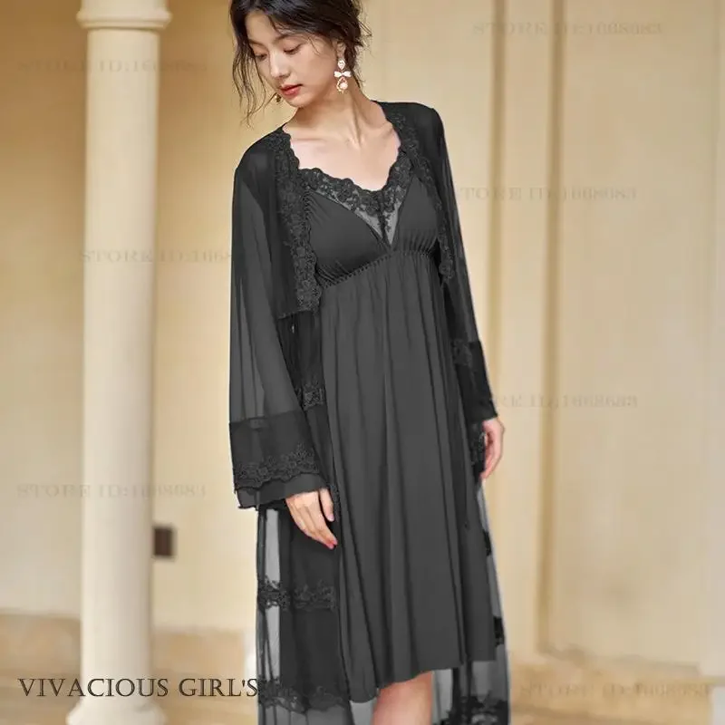 Sexy Perspective Mesh Lace Bathrobe Nightdress Women 2Pcs Sleepwear Pajamas Suit Princess Style Home Cloth Loungewear Nightgown