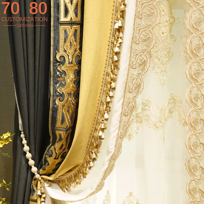 

French Retro Light Luxury Lace Velvet Stitching Blackout Curtains for Bedroom Living Room Finished Product Customization