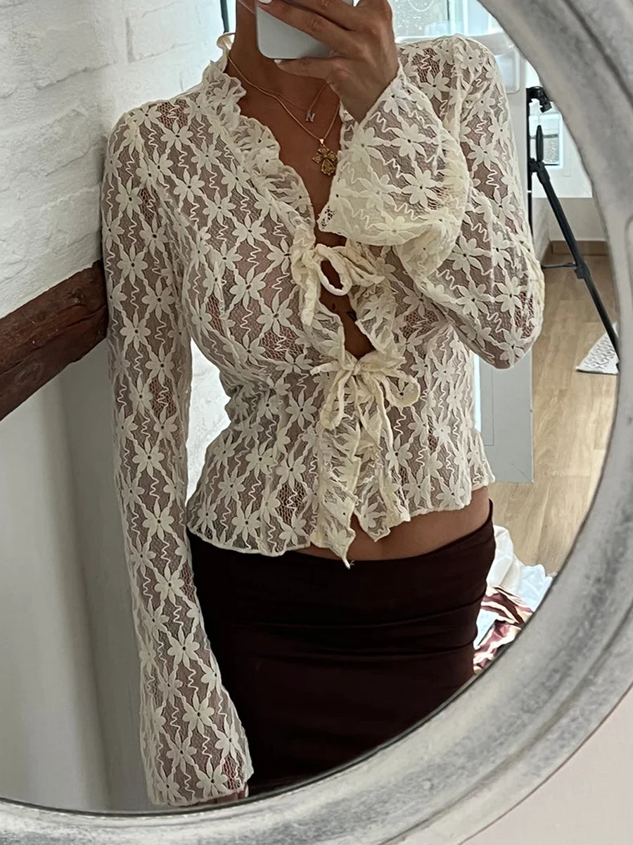 Women Y2k Lace Floral Tops Ruffle V Neck Flare Long Sleeve Tie Front Sheer Mesh Slim Crop Cardigan Spring Fall Shirts Clubwear