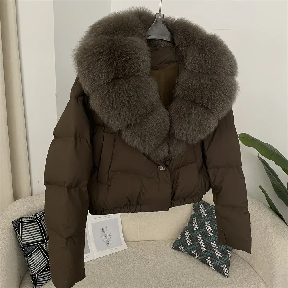 White Duck Down Coat Thick New Big Natural Real Fox Fur Jacket Women Autumn Winter Female Feather Short Puffer Jacket