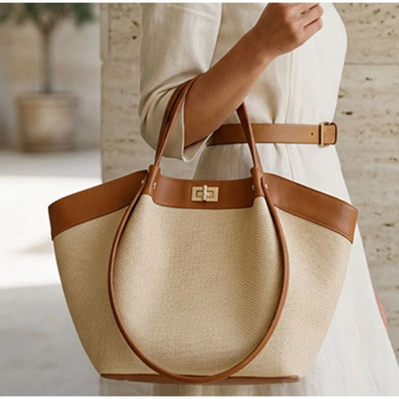 French-style Color Block Tote Bag Women Elegant Shoulder Bag Versatile High-end Large Capacity Bucket Handbag For Daily Commute