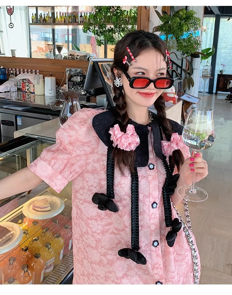 ชุดเดรสยาวลำลองแขนสั้นลายดอกไม้สีชมพูหวานน่ารักสำหรับผู้หญิงแฟชั่นฤดูใบไม้ผลิและฤดูร้อน รุ่น NZ266