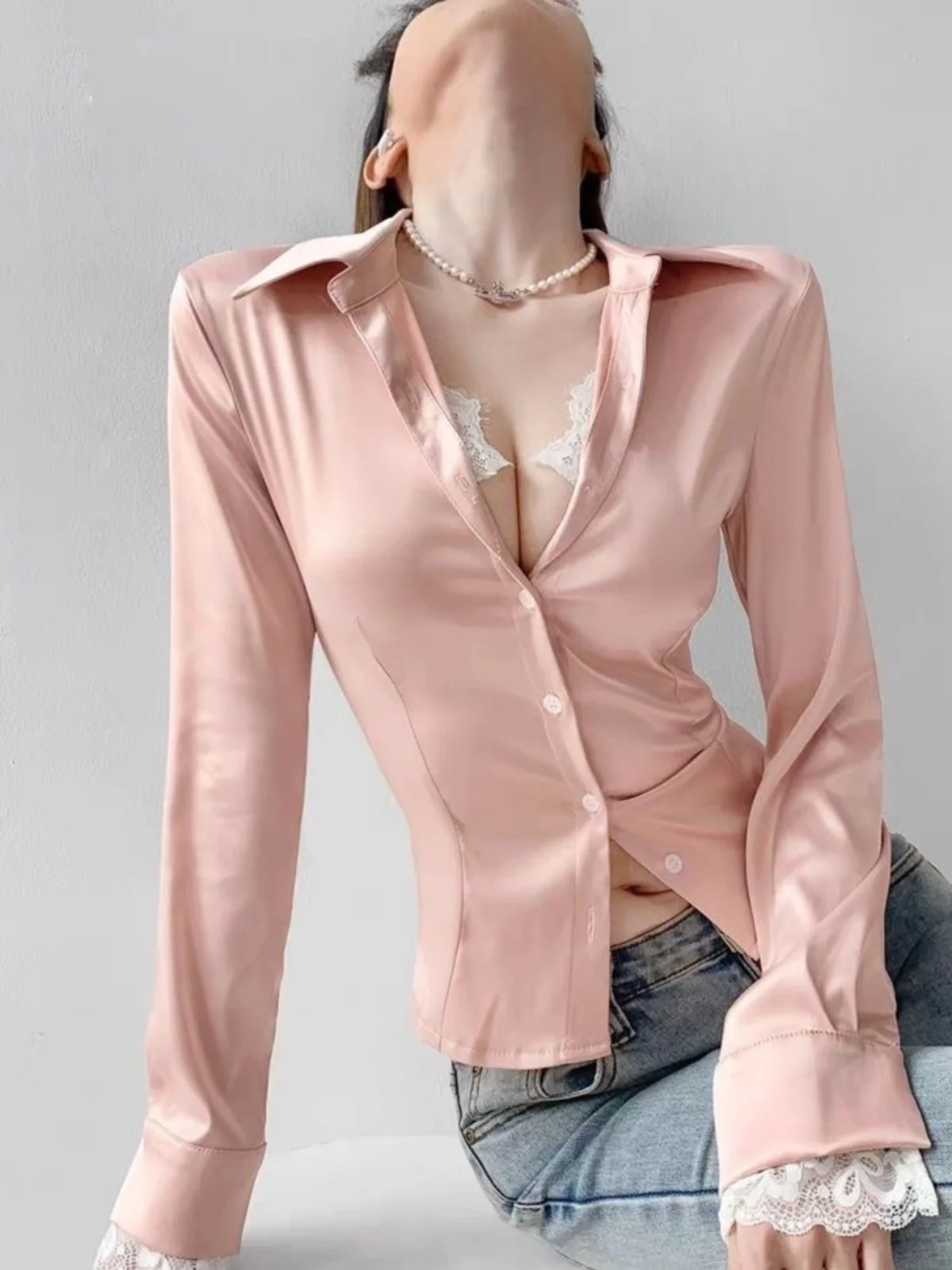 

Desire Intrusion Satin ine Lace Trim Waist Cinching Long Sve irt Slim Fit Pure Desire Personali Commute Sle irt