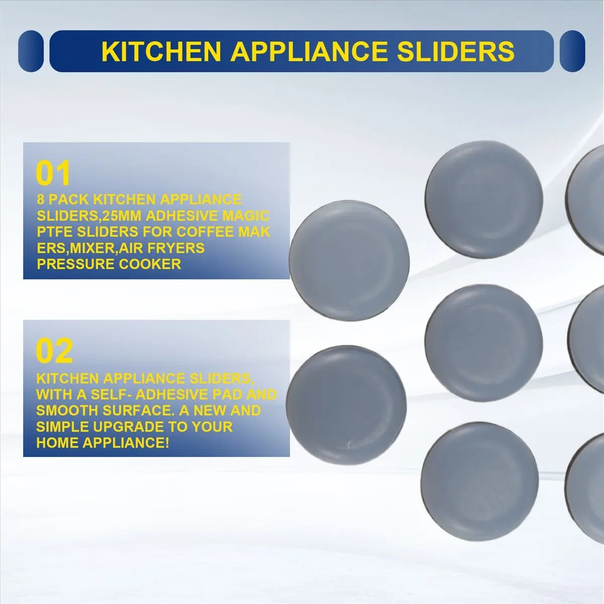AB09 8 Pack Kitchen Appliance Sliders,25mm Adhesive Magic PTFE Sliders for Coffee Makers,Mixer,Air Fryers,Pressure Cooker