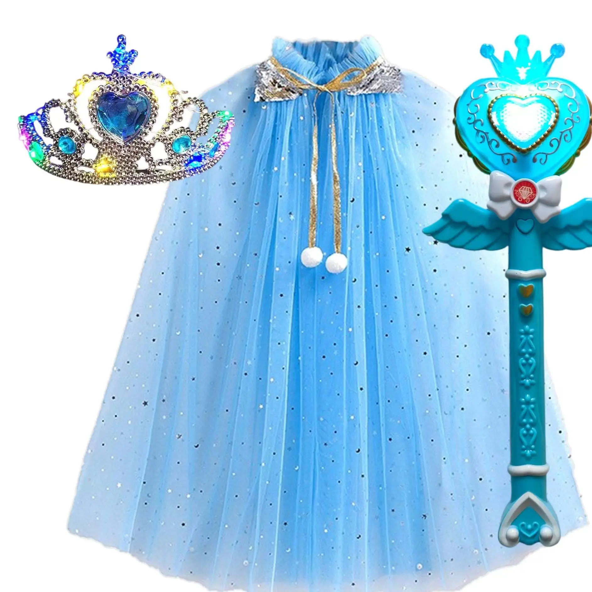 

Girl Princess Costume Kids Party Accessories Cloak Crown Wand Music Magic Wand Set Elsa Anna Rapunzel Aurora Tulle Cape