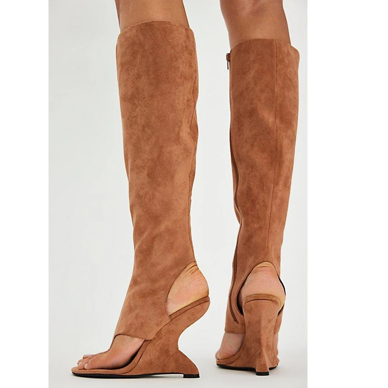 

Thong Toe Slingback Strange Wedge Heel Knee High Summer Boots Woman 2026 Side Zipper Open Toe Shaped Heel Sandal Party Shoes