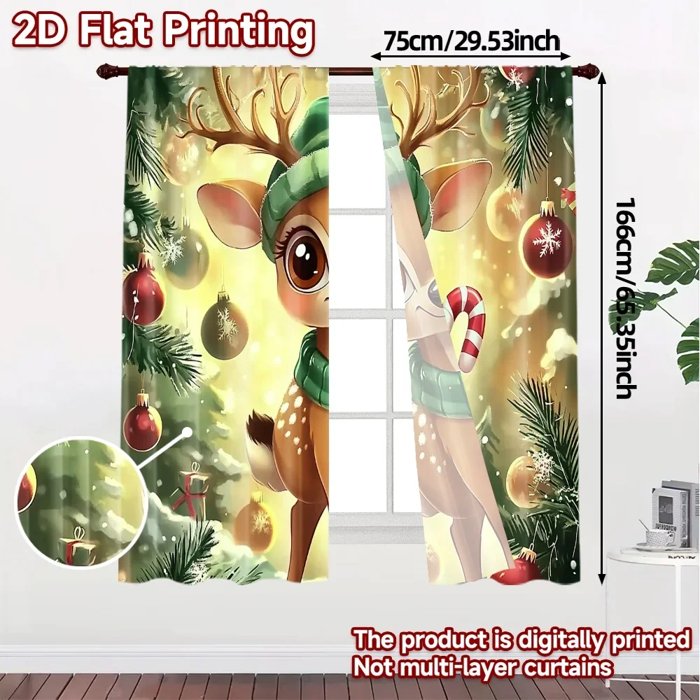 2pcs,Curtains Cute Christmas Deer with Ornaments (2) Modern Curtains&Window Treatment Fabric Curtains Versatile All for Kitchen