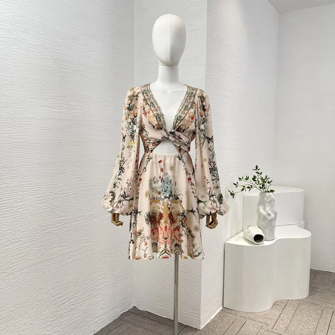 2024 New Women High Quality Silk Lantern Sleeve Floral Print Cross Tie Diamonds Lace-up Mini Dress for Holiday