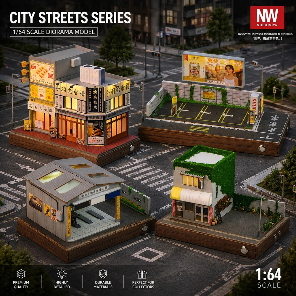 

1/64 Diorama Die-cast Garage Model LED City Parking Lot Scene Building Model Street Car Maintenance Workshop Model Display Case