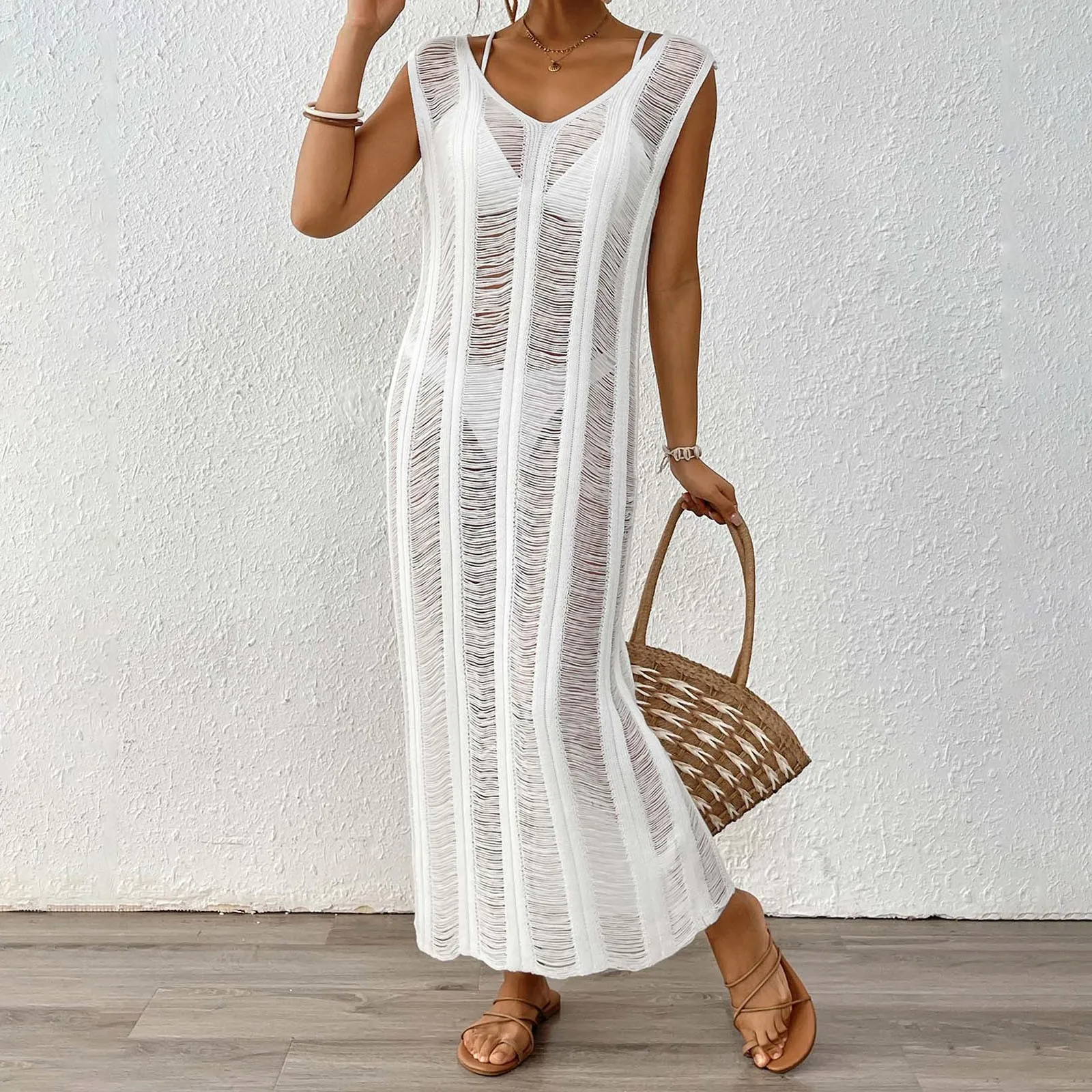

V Neck Tassel Beach Cover Up Dress For Women Elegant Summer Bikini Sleeveless Long Dress Beachwear Female Swimwear Bathing Suits