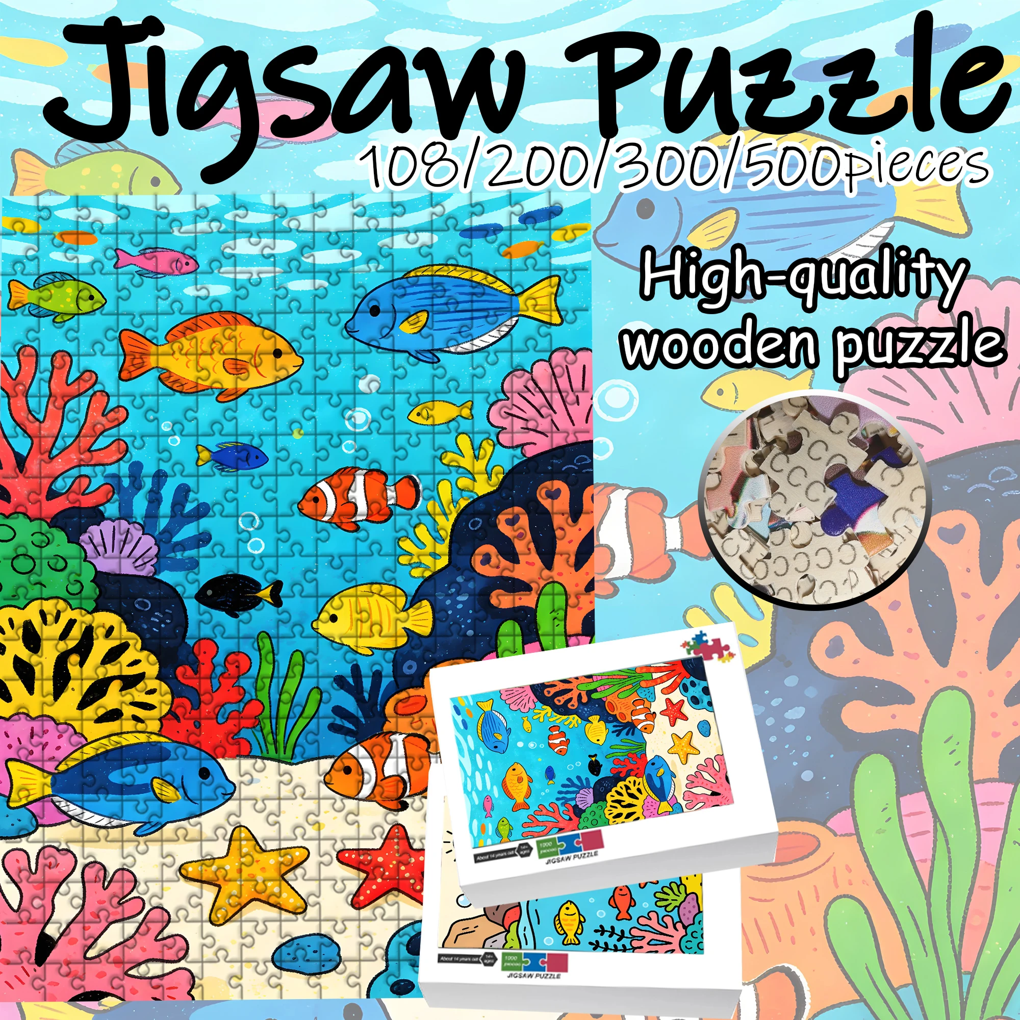 

Креативный мультяшный пазл с подводным миром и рыбками, 108/200/300/500 деталей, деревянный пазл высокого качества, подарок, веселая игра для вечеринок