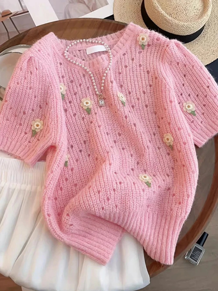 

Sweet Gentle Sle Hollow out Ice Silk Трикотажный топ ort Sve Overhead Base irt Женская мода для поездок на работу Корейская версия Re...