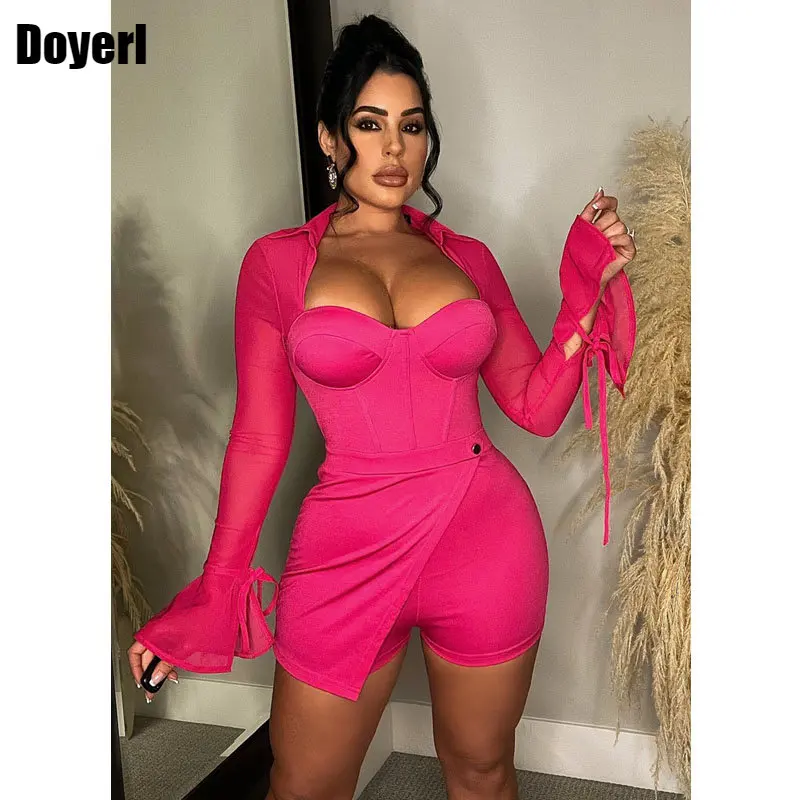 

Club Bodycon Jumpsuit Shorts Sexy Sheer Mesh Patchwork Flare Long Sleeve One Pieces Club Outfits Rave Party Jumpsuit Women 2023