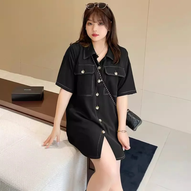 2024 Summer New Loose Versatile Women Wear Slim and Explosive Street Fashion Set Shirt Shorts Two piece Set Solid Color Commuter