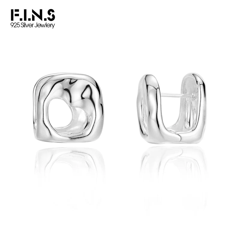 F.I.N.S Minimalist S925 Sterling Silver Hollow Square Pierced Earrings Smooth Geometric Ear Buckle Fine Jewelry Anti-Allergy