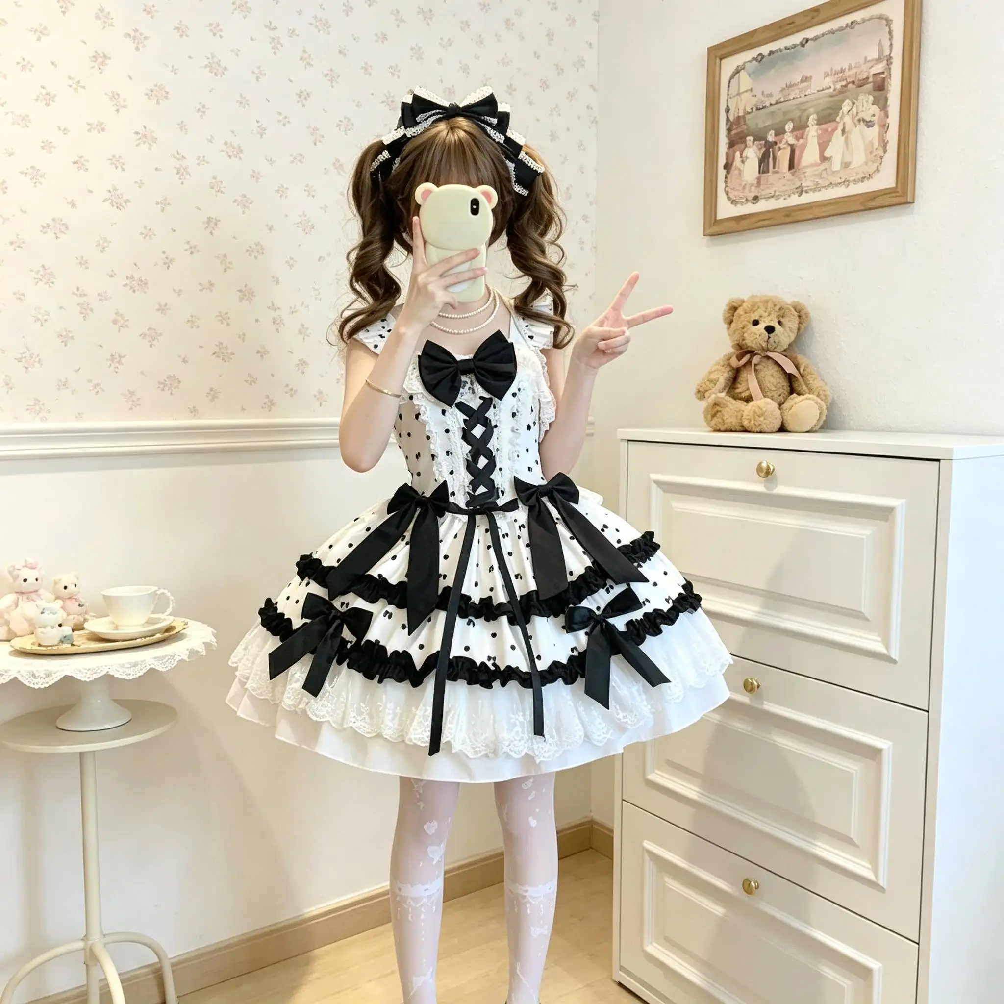 Japanese Sweet Lolita JSK Dress White Heart Dot Strap Lace Ruffle Big Bow Corset Lace Up Tiered Mini Skirt Y2K Sweet Dress view 2