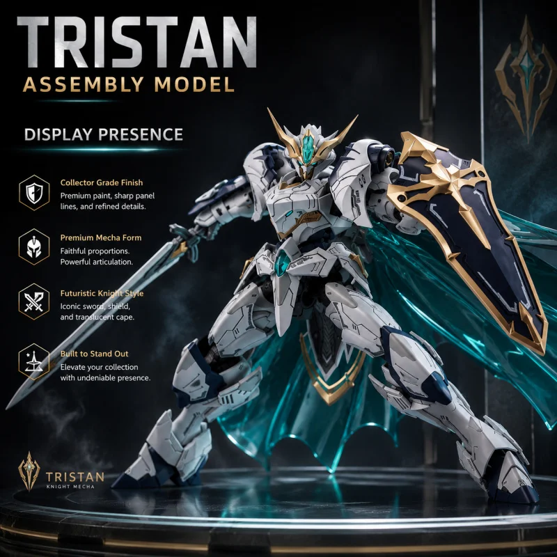 

Tristan Knight Mecha Assembly Model Kit, White Armor Robot Figure with Sword Shield & Translucent Cape, Collectible Display Toy