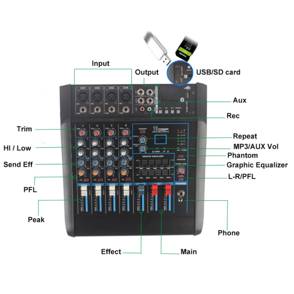 Professional build-in power amplifier 4 channel audio mixer with wireless microphone