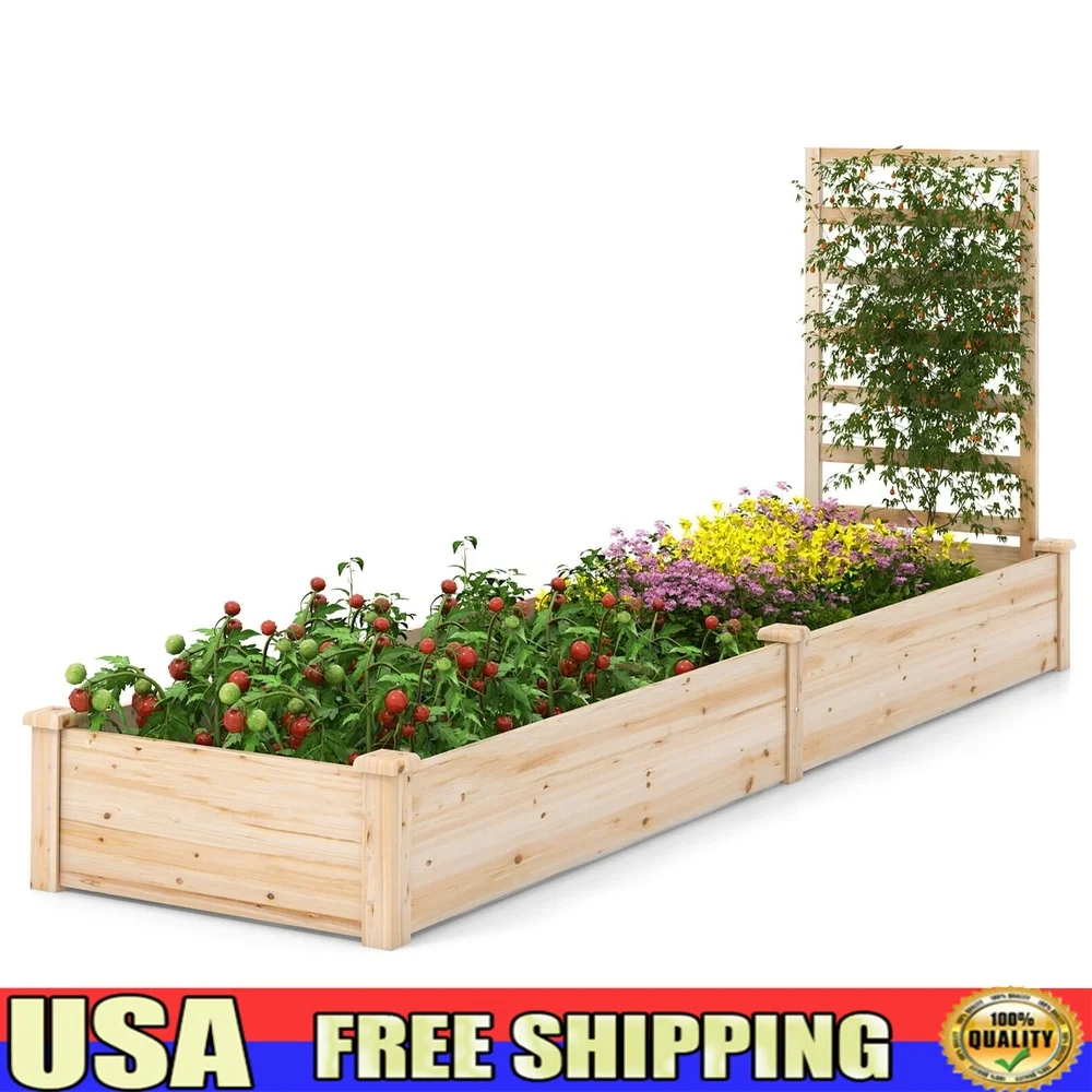 

Raised Garden Bed Wooden Planter Box with Trellis Divided Compartments Outdoor Fir Wood Easy Assembly Durable Drainage System