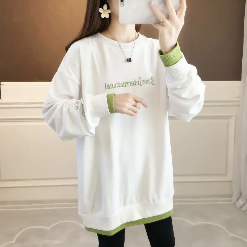 Casual Letter Print Pullover Sweatshirt Women Fashion Korean Fake 2 Piece Loose Long Sleeve Round Neck Tops Spring Autumn Coats