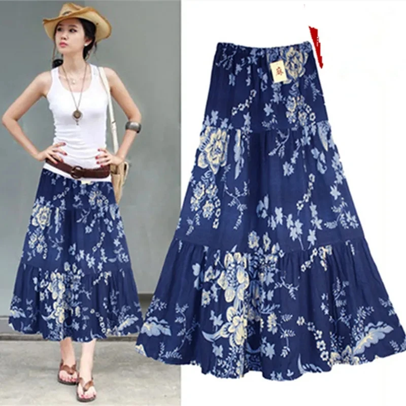 2024 New,Summer Cotton Linen Skirt Casual Women's Skirts Middle-aged Elderly Spring Autumn Elastic High Waist A-line Print Skirt