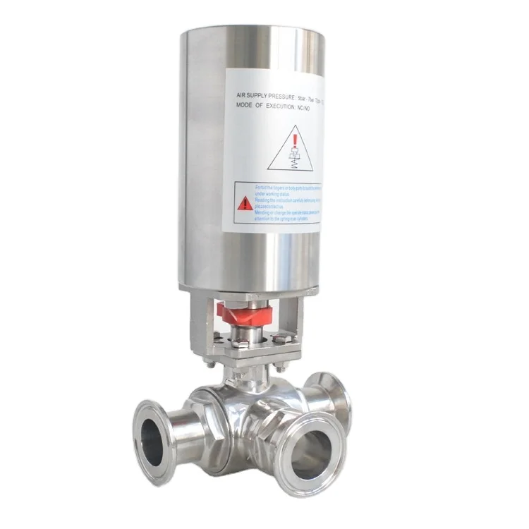 SS304 sanitary Hygienic Clamp 3-way  Ball Valve Stainless Steel Pneumatic Actuator