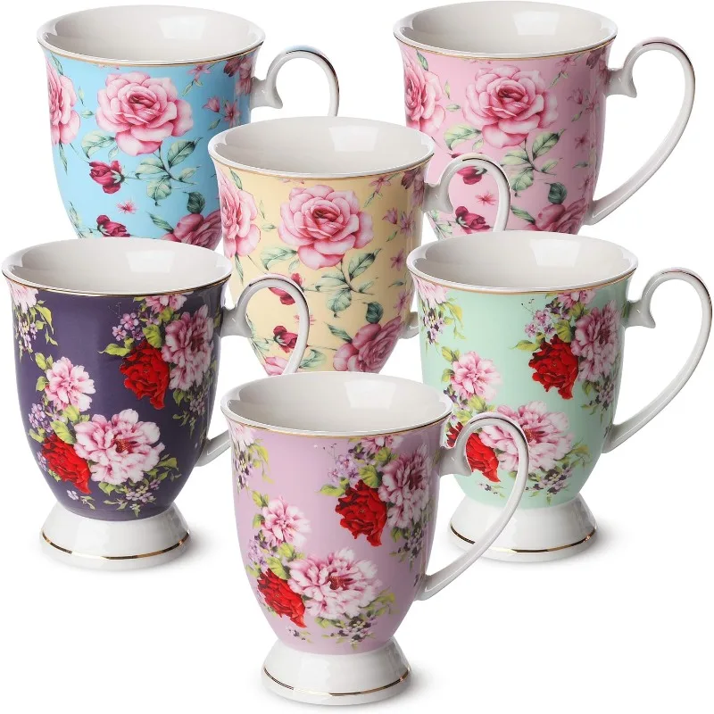

Large Coffee Mugs, 12 oz, Set of 6, Floral Mugs, Porcelain Bone China, Tea Mug, Coffee Cups Set
