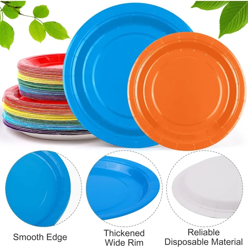 504 Pieces Rainbow Disposable Party Tableware Set，Paper Plate Paper Cups Colorful Paper Napkins Plastic Forks Knives Spoons