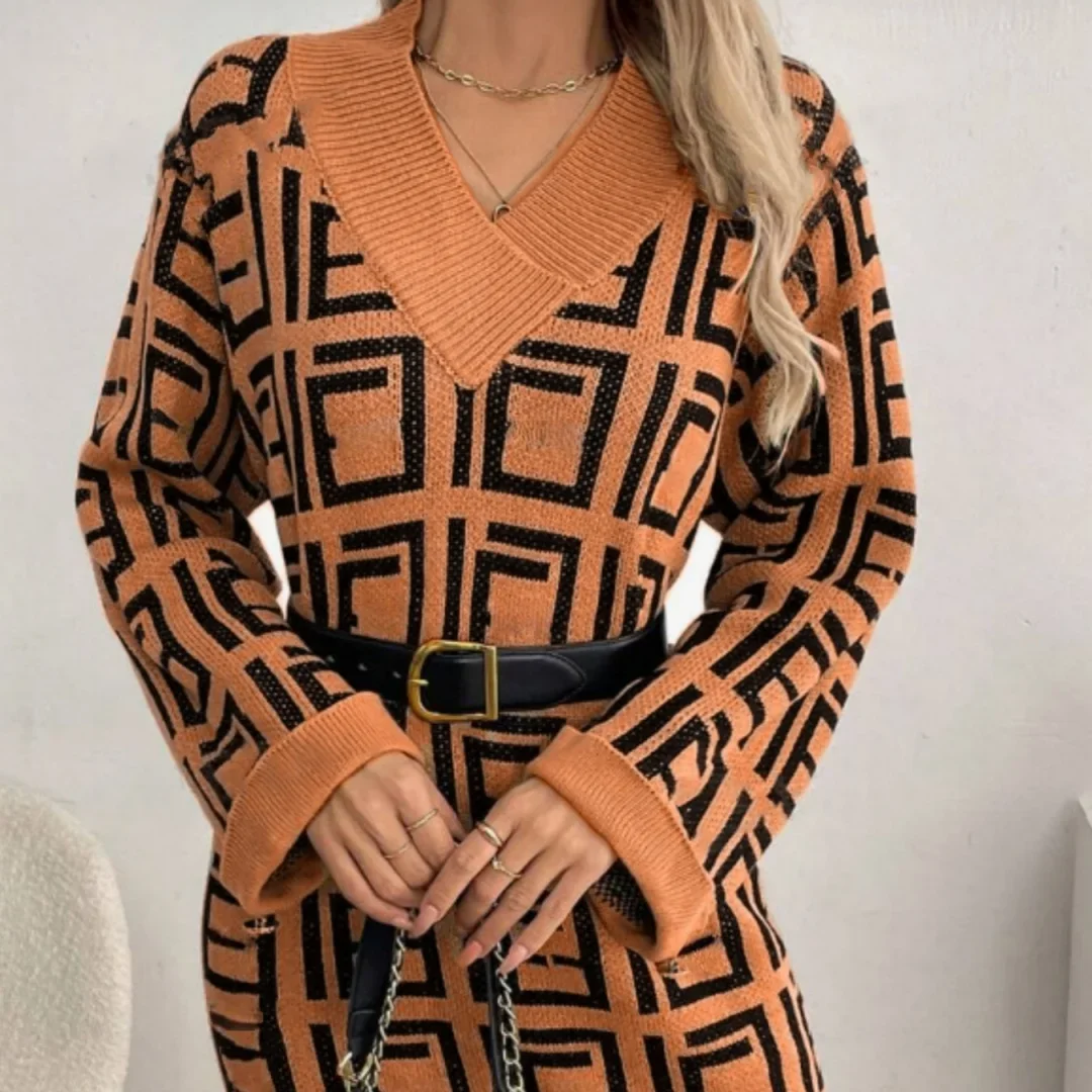 الخريف/الشتاء الخامس الرقبة بسيطة هندسية منقوشة نمط فستان سترة قصيرة غير رسمية مع زر أسفل الأكمام متوهج الملابس النسائية