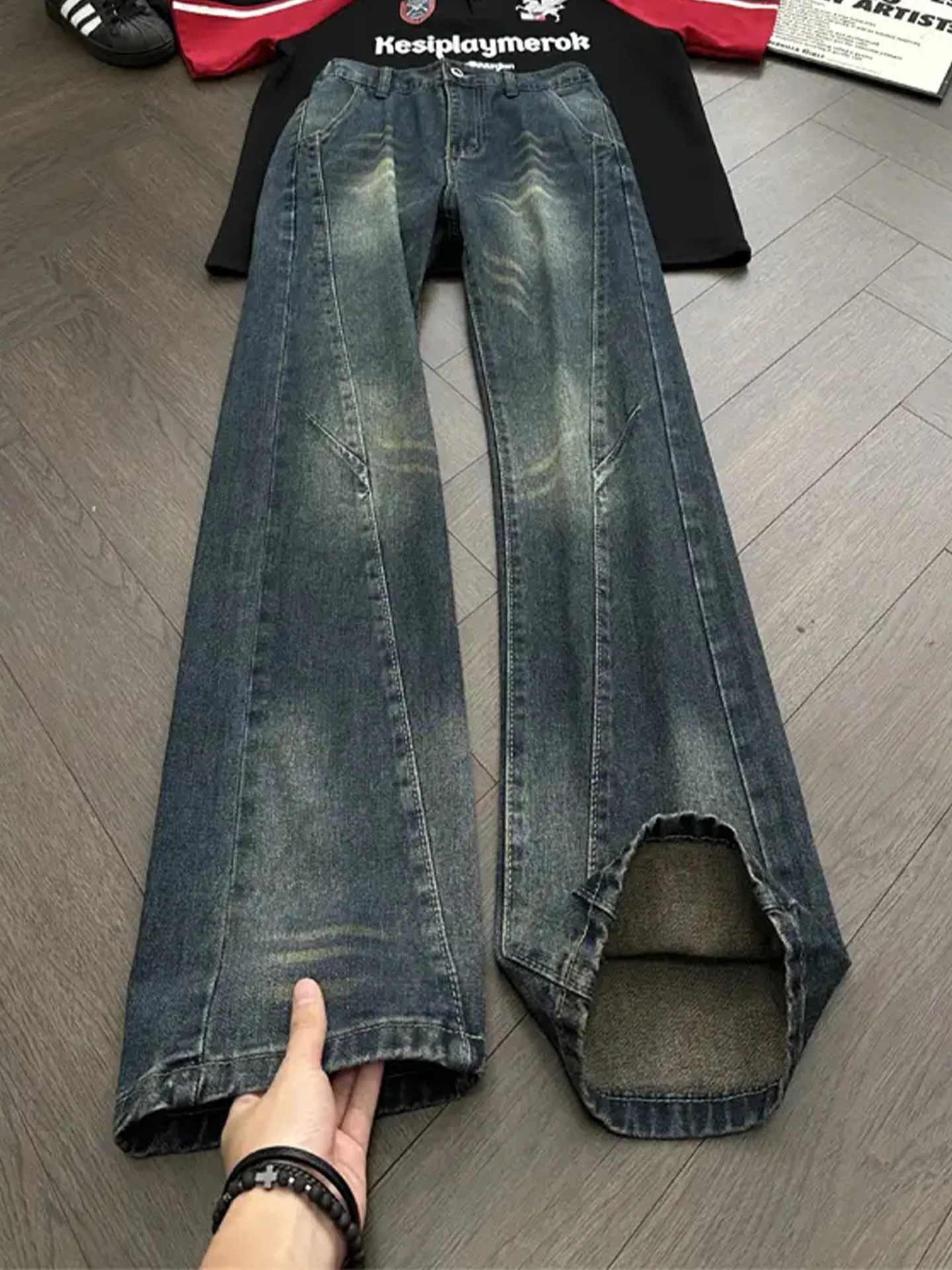 Retro Blue Washed Men's Straight Leg Jeans Deconstructed Denim Cleanfit Premium Feeling Trendy Brand  Pants
