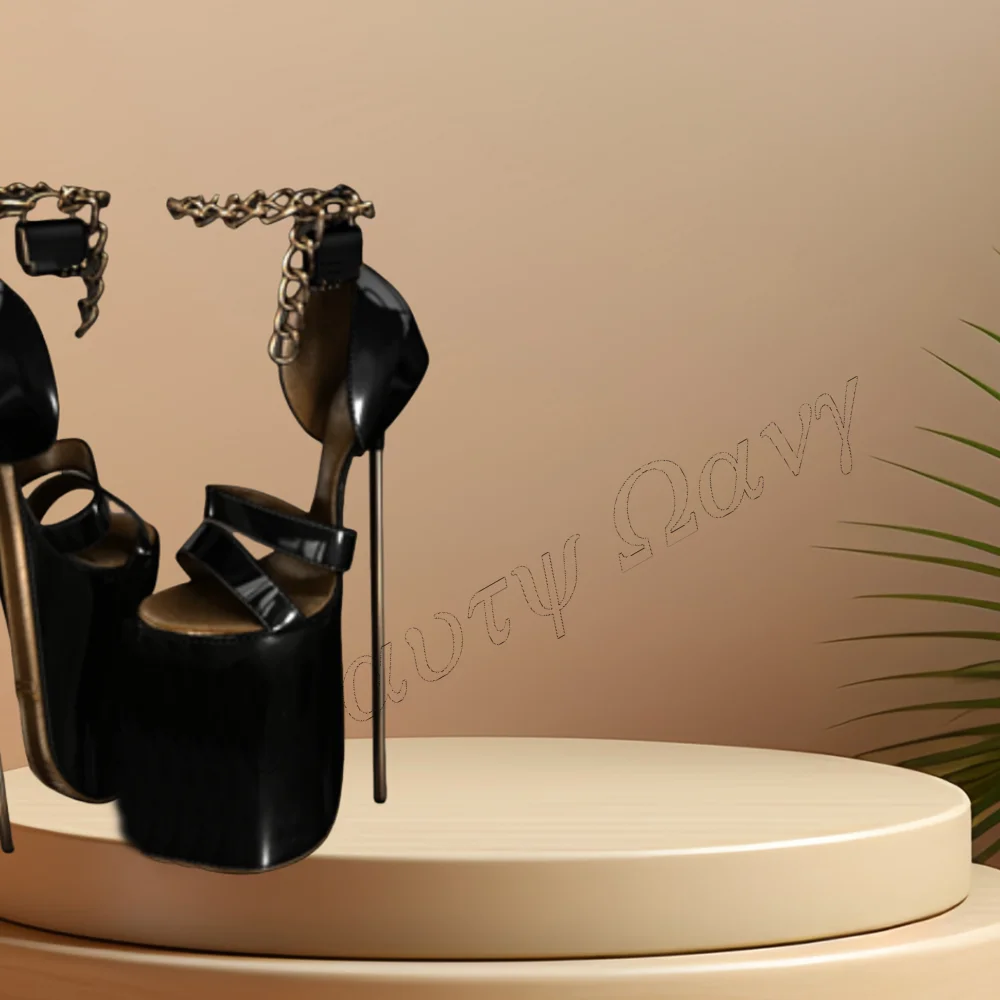 Black Metal Heel Sandals Chain Decor Platform Sexy Style Shoes Spike High Heel Shoes for Women Shoes 2024 Zapatos Para Mujere