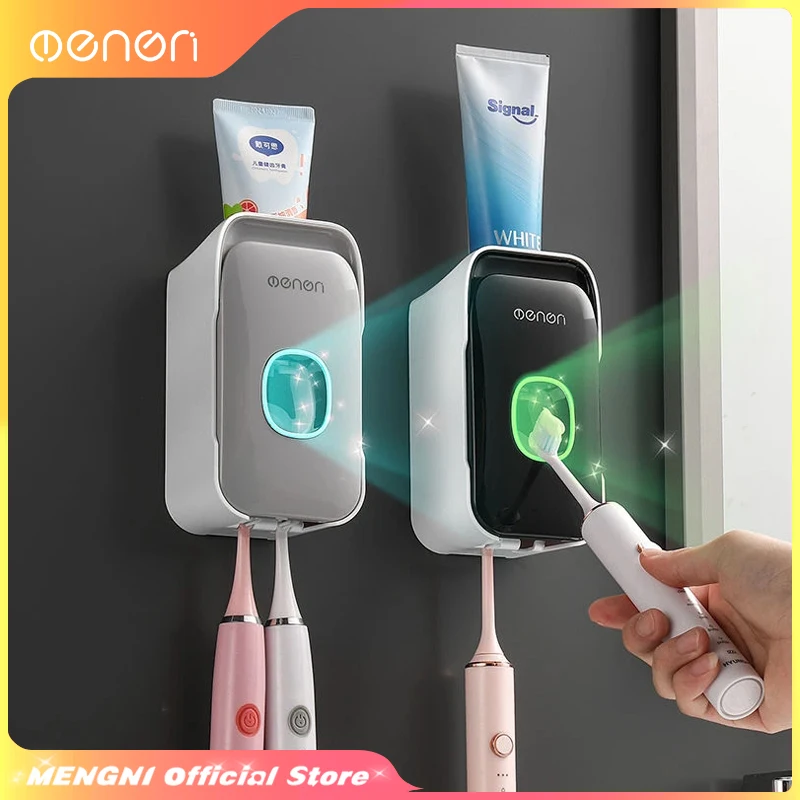 MENGNI Automatic Toothpaste Dispenser Wall-Mounted Bathroom Toothpaste Squeezer Punch-Free Toothbrush Holder Rack Bathroom Acces