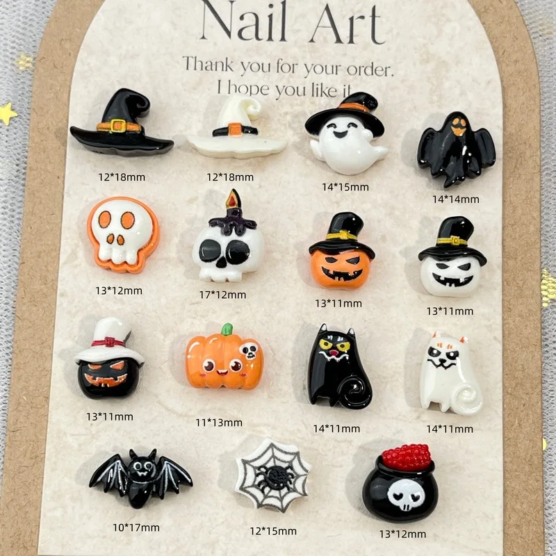 20Pcs Halloween Cartoon Nail Charms Pumpkin Ghost Bat Spider Resin Accessories For DIY Cream Glue Hair Clips Nail Art Decor
