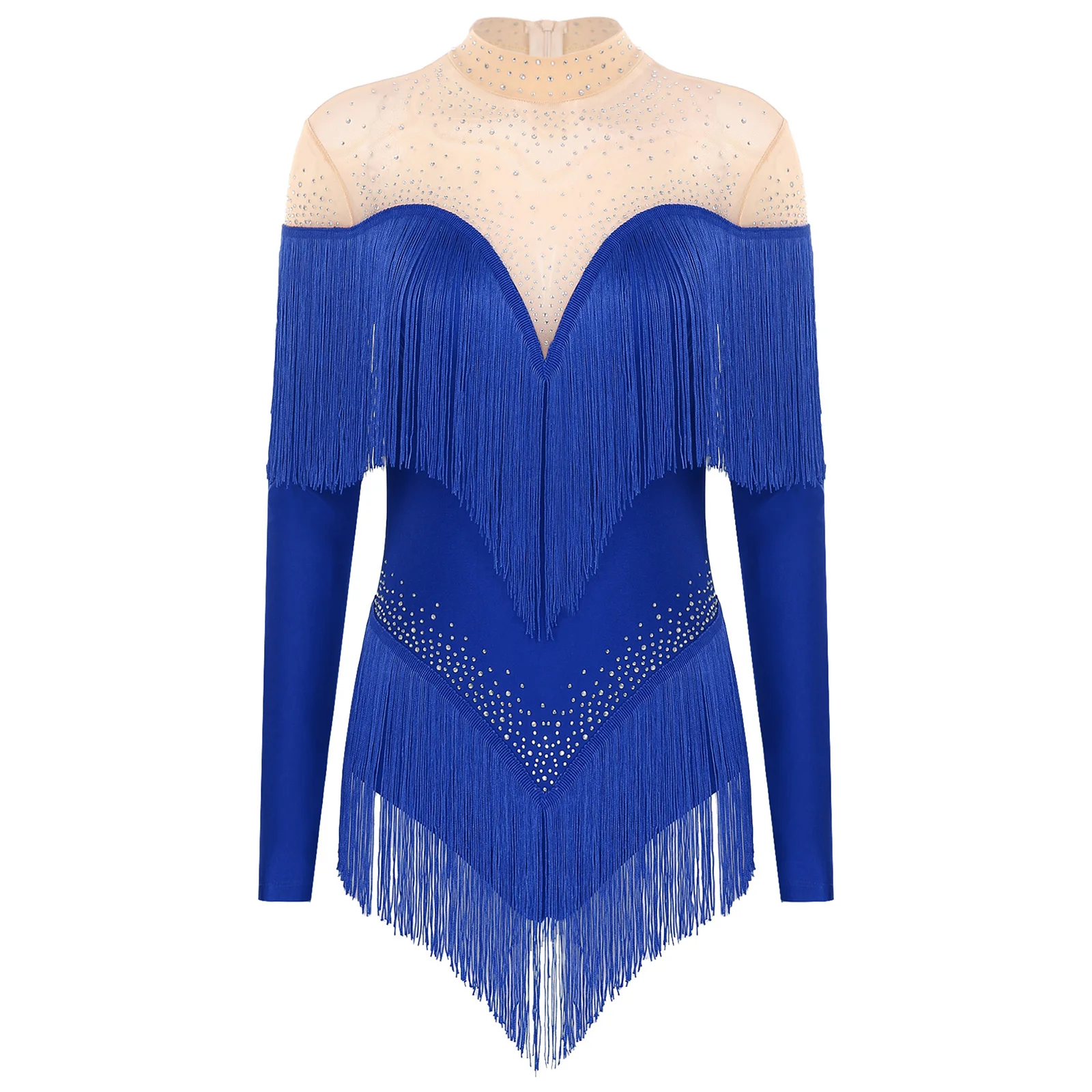 Womens Tassel Fringe Latin Dance Leotard Shiny Rhinestones Bodysuit Long Sleeve Sheer Mesh Dress for Stage Performance Costume