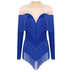 Womens Tassel Fringe Latin Dance Leotard Shiny Rhinestones Bodysuit Long Sleeve Sheer Mesh Dress for Stage Performance Costume