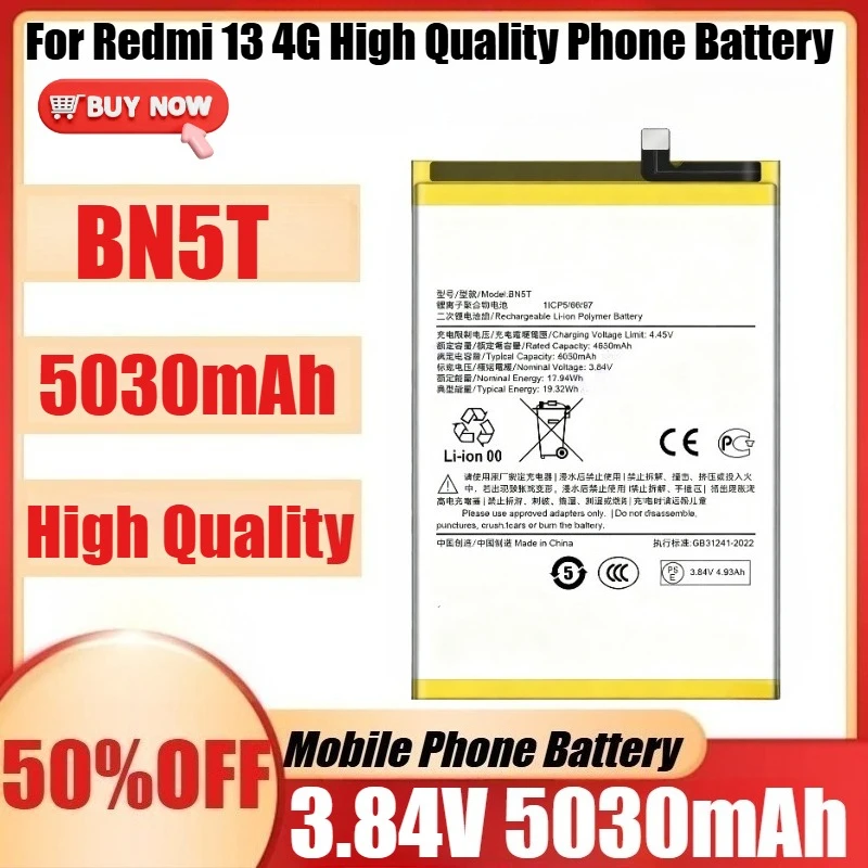 

New BN5T 3.84V 5030mAh Battery BN5T for Redmi 13 4G High Quality Phone Battery +Tools