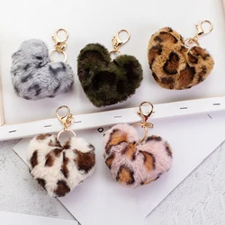 Multicolor Heart Row Plush Keychain Fashion Leopard Print Peach Heart Pendant Keychain For Women Ladies Car Bag Pendants Jewelry