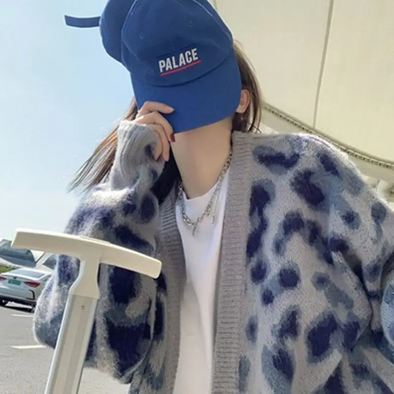 Korean Style Leopard Print Knitted Cardigan Sweater Women Harajuku V-neck Long Sleeve Oversize Jumper Pullover Female 2023