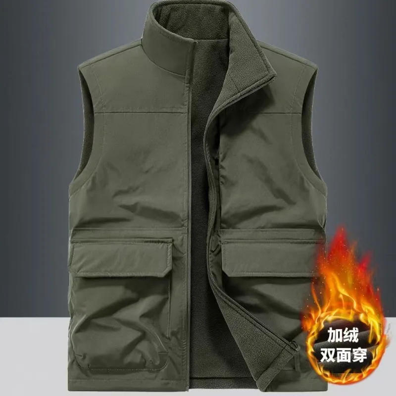 Men's Reversible Fleece Lined Vest Stand Collar Multi-Pocket Warm Gilet Outdoor Casual Sleeveless Jacket