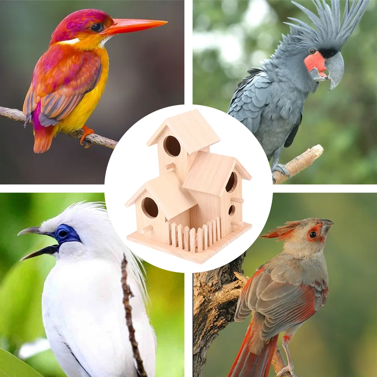 

Wooden Birds Nest Three Rooms Design Wide Entrance Hut Bed for Small Birds DIY Decoration Craft Garden Accessories