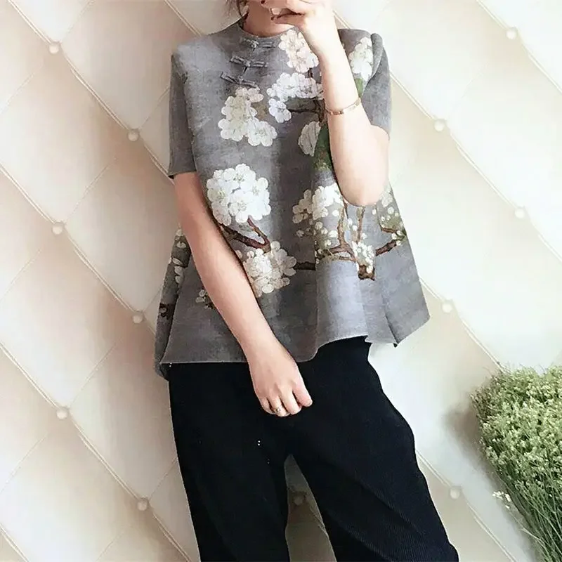 

Temperament short-sleeved top t shirt women 2023 summer new folded national print loose fashion thin and meat-covering T-shirt