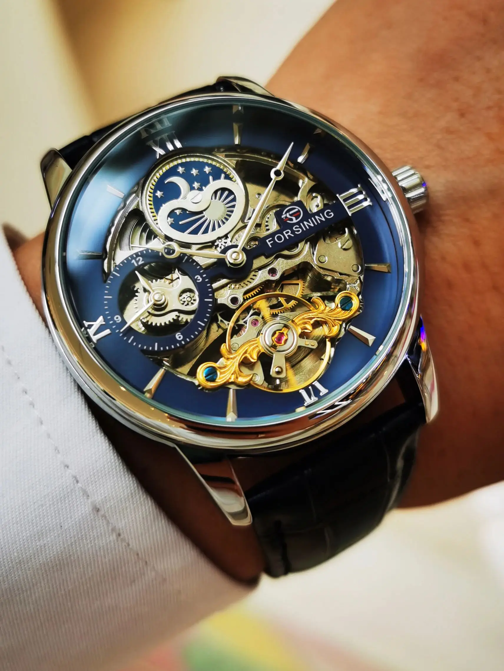 Forsining Luxury Skeleton Mechanical Watches for Men Dual Time Zone Tourbillion Automatic Watch Genuine Leather Strap Moon Phase